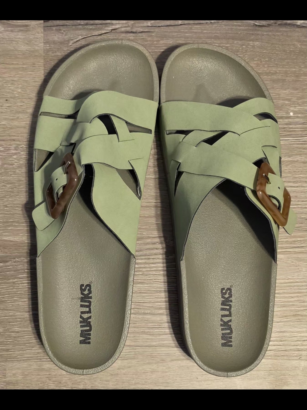 MUK LUKS Olive Green Braided Slide Sandals with Tortoiseshell Buckle